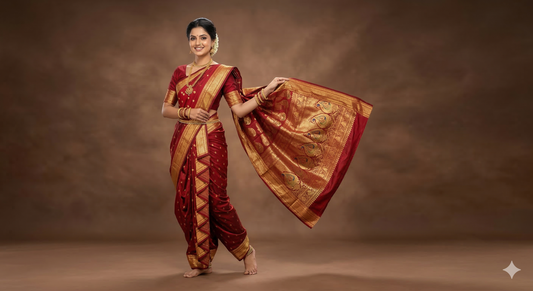 Bridal model showcasing a traditional nauvari saree for wedding with intricate designs and elegant draping.
