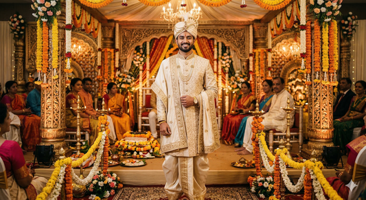Best dhoti styles for wedding: groom in traditional attire at a vibrant wedding ceremony with floral decorations.
