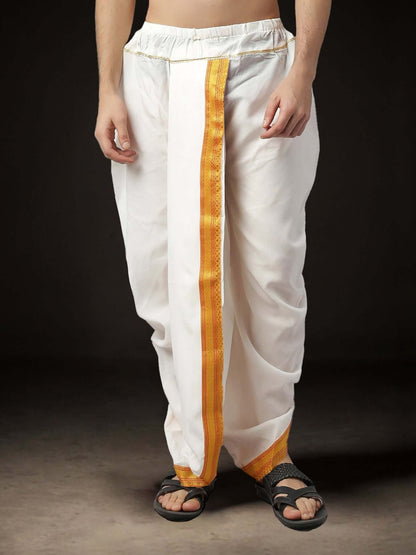 Readymade Art Silk Dhoti for Men Phakkat – White Single Dhoti Front View