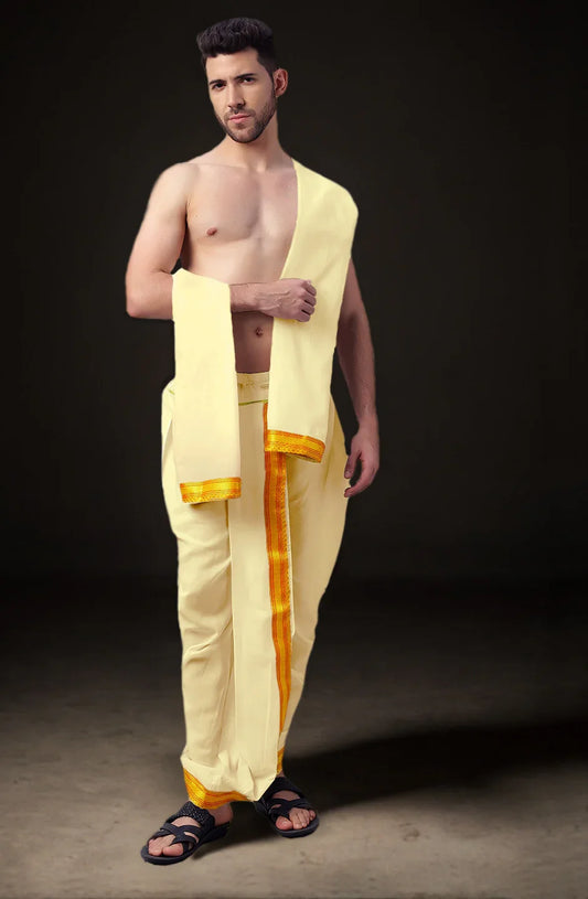 Ready-Made Dhoti with Dupatta for Men Phakkat – Cream Dhoti Front View
