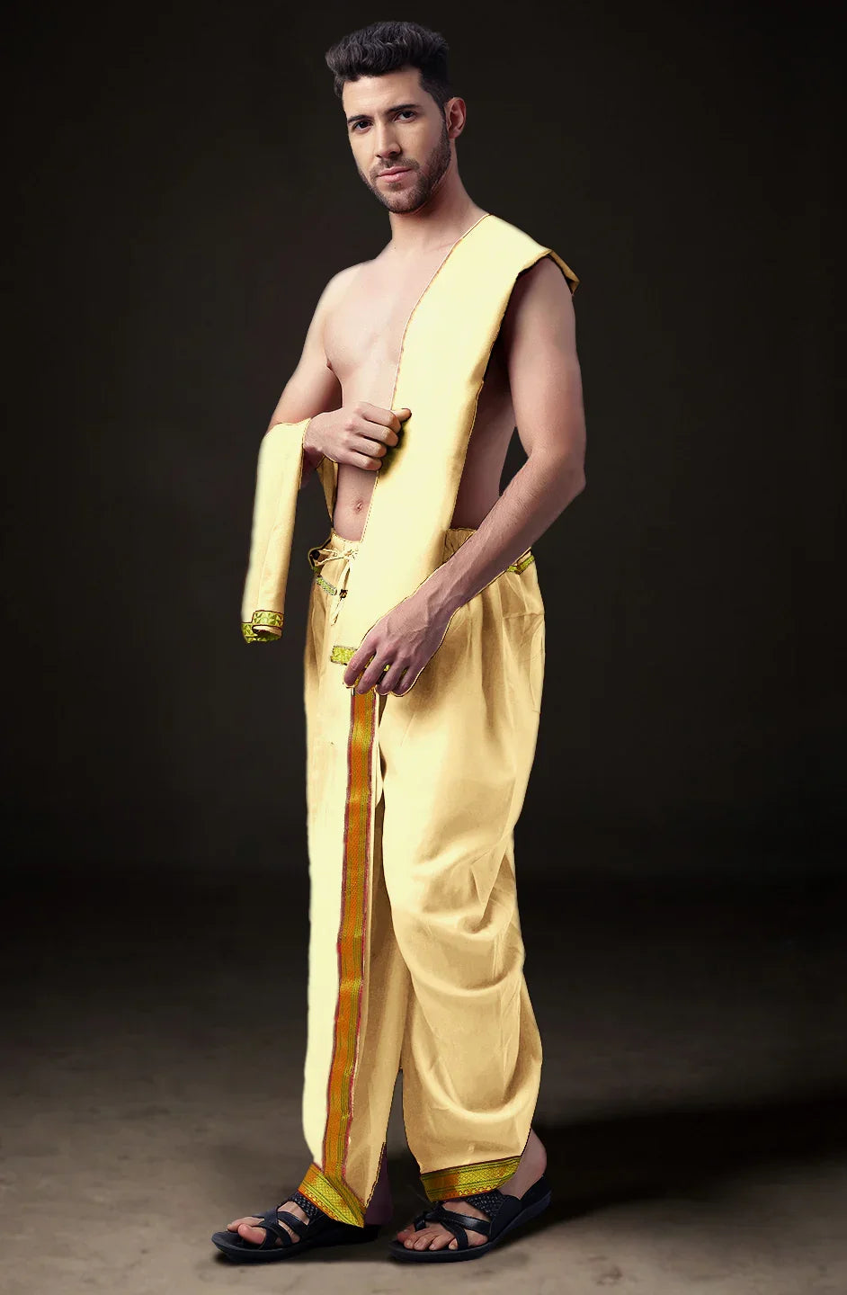 Ready-Made Dhoti with Dupatta for Men Phakkat – Cream Dhoti Fabric Texture & Border