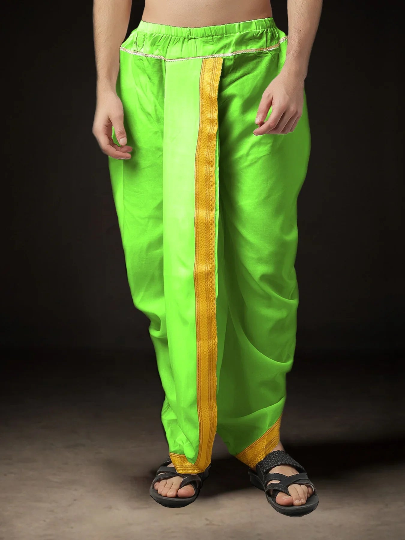 Readymade Art Silk Dhoti for Men Phakkat – Olive Single Dhoti Front View