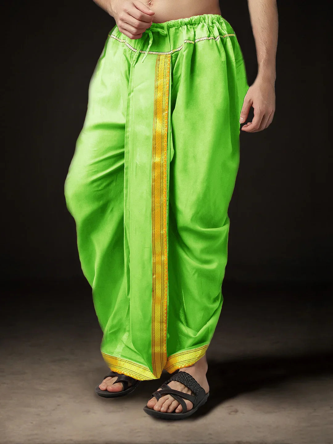 Readymade Art Silk Dhoti for Men Phakkat – Olive Art Silk Fabric Texture & Border