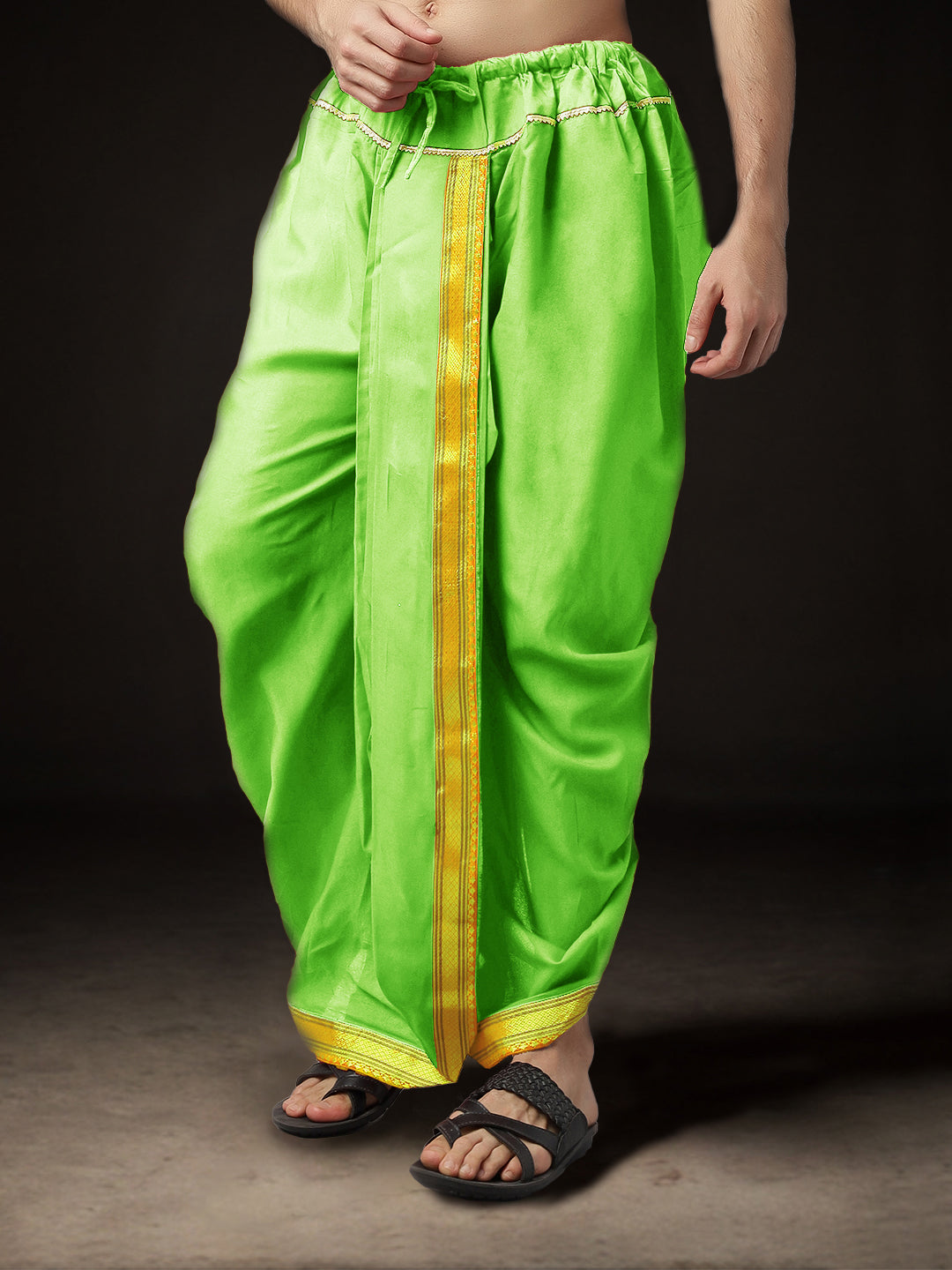 Ready-Made Dhoti for Men Pack of 2 Phakkat – Olive Dhoti Close-Up Border & Fabric Detail