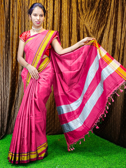 Irkal Cotton Saree for Women Phakkat Pink Blouse Piece View