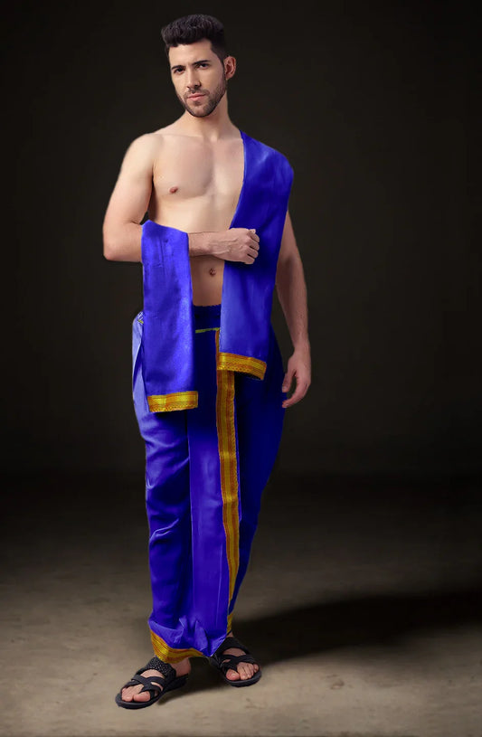 Ready-Made Dhoti with Dupatta for Men Phakkat – Blue Dhoti Front View