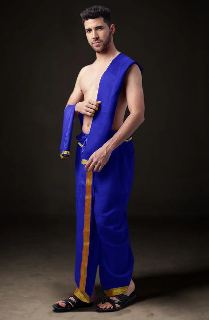 Ready-Made Dhoti with Dupatta for Men Phakkat – Blue Dhoti Fabric Texture & Border