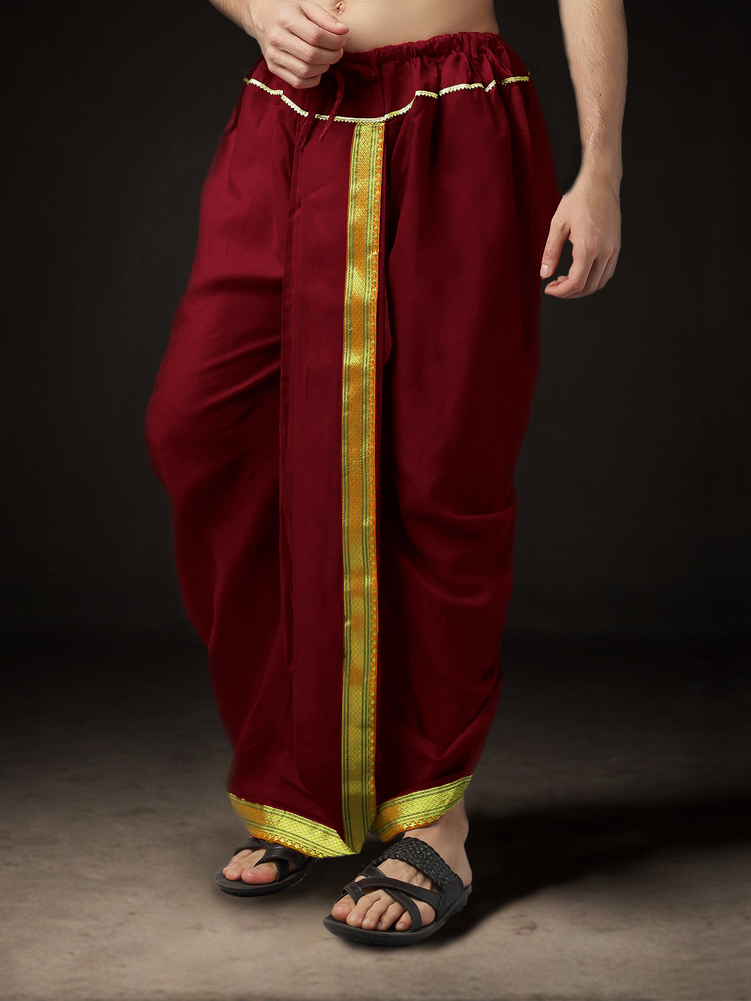 Readymade Art Silk Dhoti for Men Phakkat – Maroon Art Silk Fabric Texture & Border