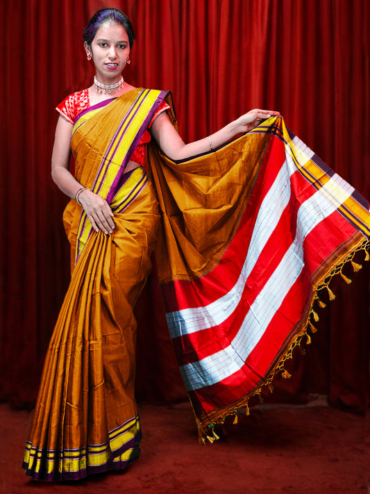 Irkal Cotton Saree for Women Phakkat Mustard Saree Front View