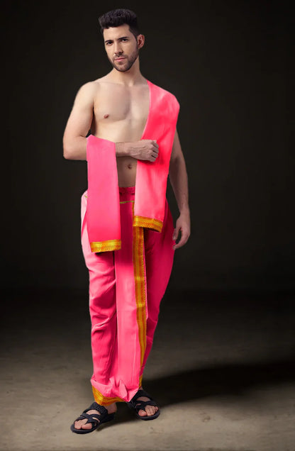 Ready-Made Dhoti with Dupatta for Men Phakkat – Pink Dhoti Front View