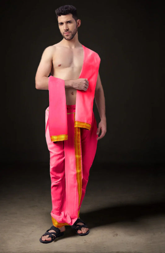 Ready-Made Dhoti with Dupatta for Men Phakkat – Pink Dhoti Front View