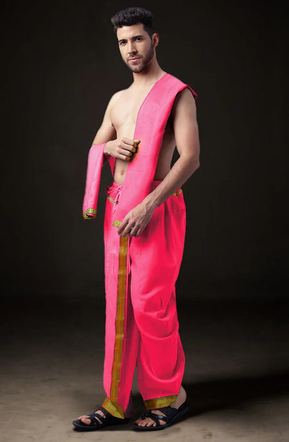 Ready-Made Dhoti with Dupatta for Men Phakkat – Pink Dhoti Fabric Texture & Border