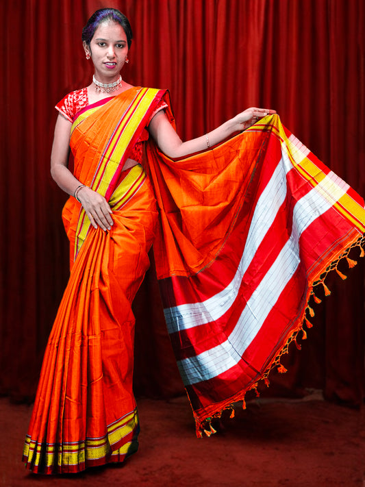 Irkal Cotton Saree for Women Phakkat Orange Saree Front View