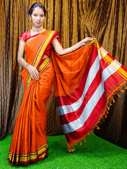 Irkal Cotton Saree for Women Phakkat Orange Blouse Piece View