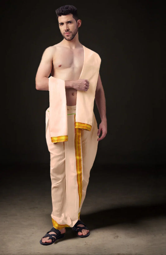 Ready-Made Dhoti with Dupatta for Men Phakkat – Skin Dhoti Front View