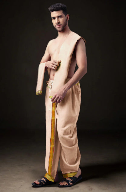 Ready-Made Dhoti with Dupatta for Men Phakkat – Skin Dhoti Fabric Texture & Border