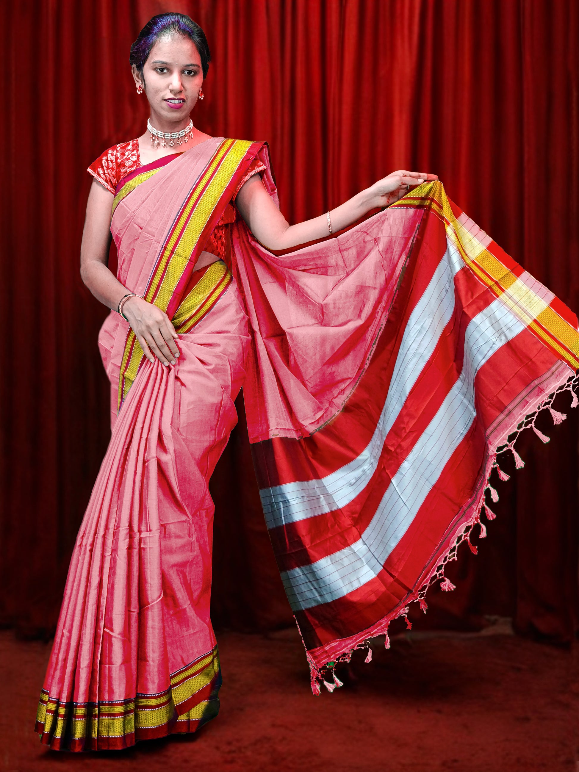Irkal Cotton Saree for Women Phakkat Light Red Saree Front View