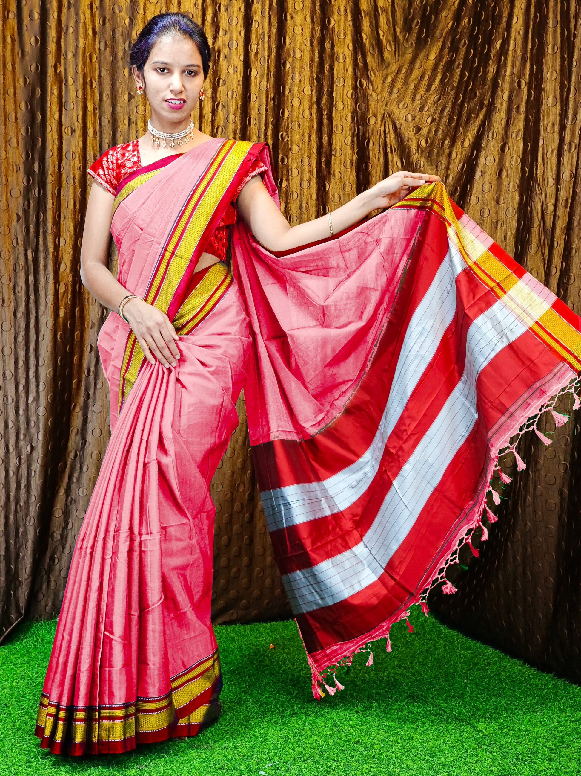 Irkal Cotton Saree for Women Phakkat Light Red Blouse Piece View