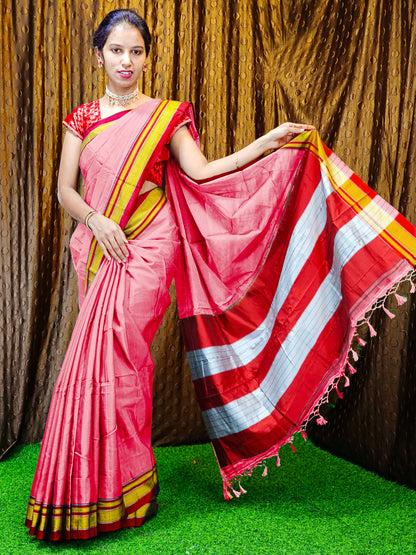 Irkal Cotton Saree for Women Phakkat Light Red Blouse Piece View