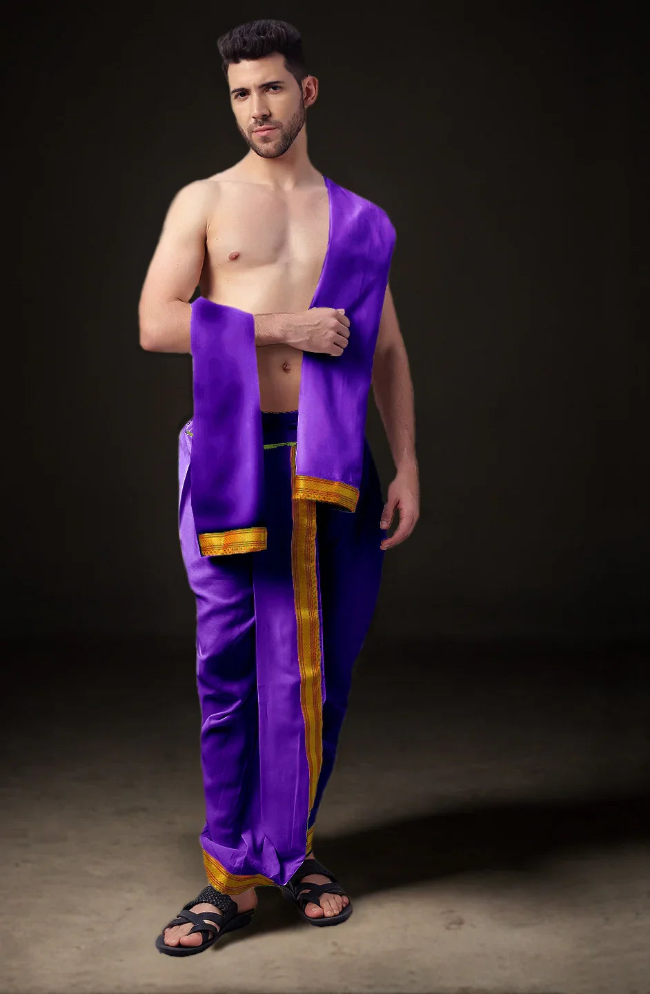 Ready-Made Dhoti with Dupatta for Men Phakkat – Purple Dhoti Front View