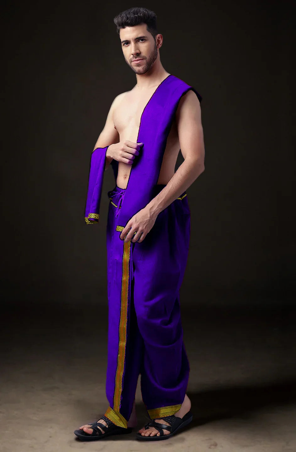 Ready-Made Dhoti with Dupatta for Men Phakkat – Purple Dhoti Fabric Texture & Border