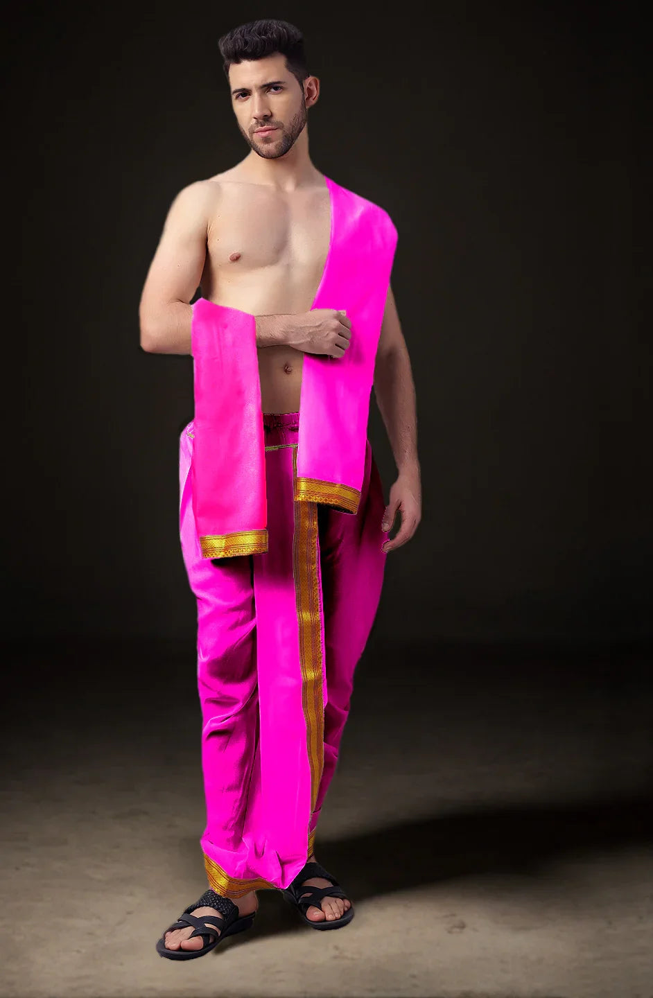 Ready-Made Dhoti with Dupatta for Men Phakkat – Dark Pink Dhoti Front View