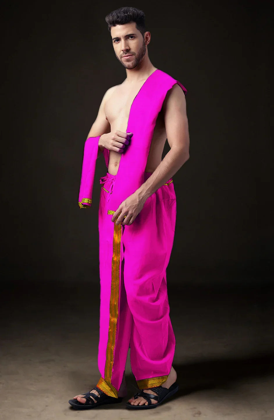 Ready-Made Dhoti with Dupatta for Men Phakkat – Dark Pink Dhoti Fabric Texture & Border