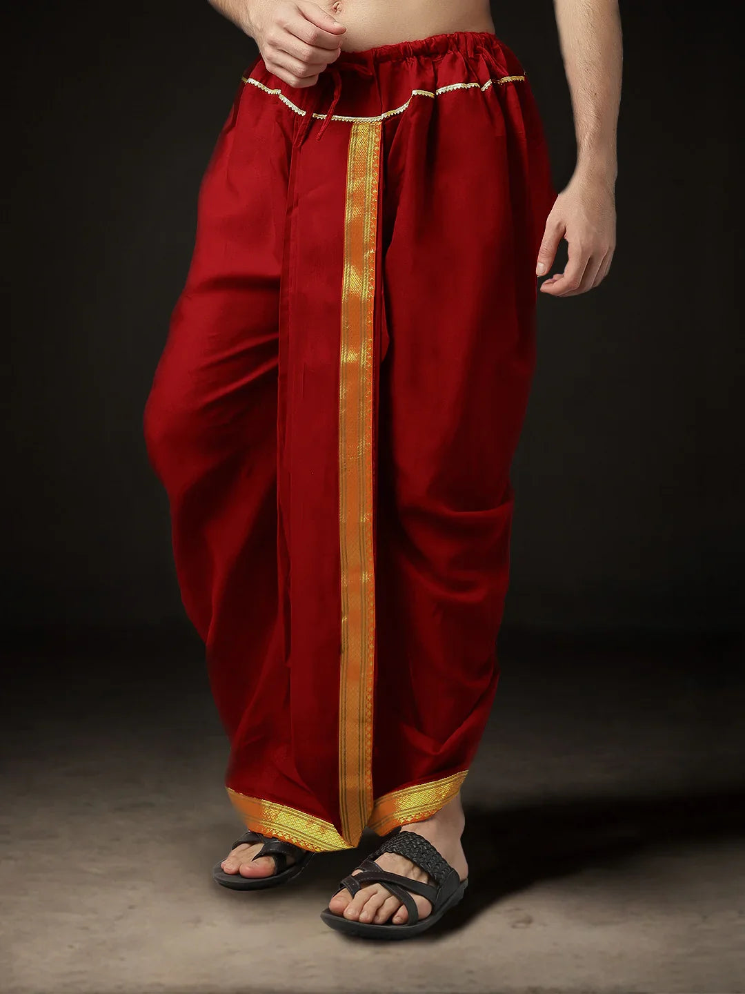 Readymade Art Silk Dhoti for Men Phakkat – Red Art Silk Fabric Texture & Border