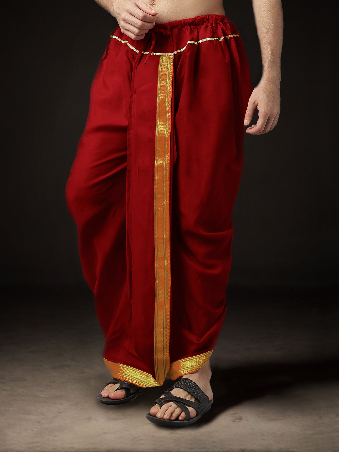 Ready-Made Dhoti for Men Pack of 2 Phakkat – Red Dhoti Close-Up Art Silk Border & Texture