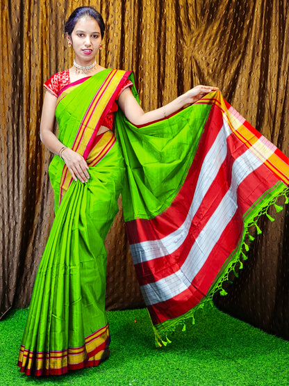 Irkal Cotton Saree for Women Phakkat Olive Blouse Piece View
