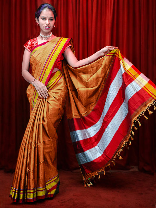 Irkal Cotton Saree for Women Phakkat Brown Saree Front View
