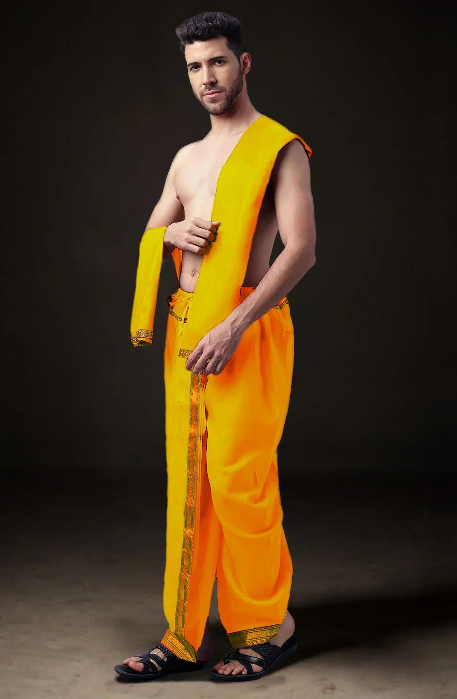 Ready-Made Dhoti with Dupatta for Men Phakkat – Yellow Dhoti Fabric Texture & Border