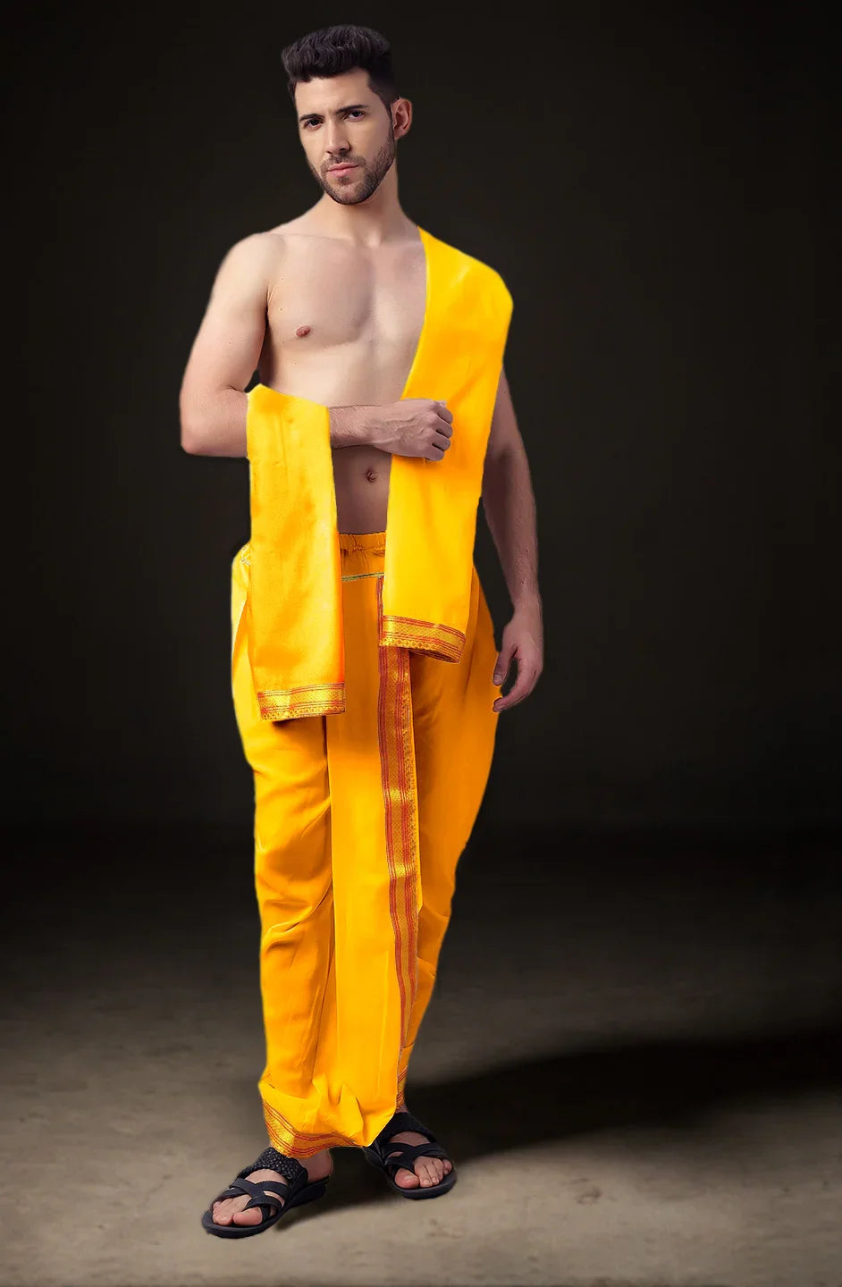 Ready-Made Dhoti with Dupatta for Men Phakkat – Yellow Dhoti Front View