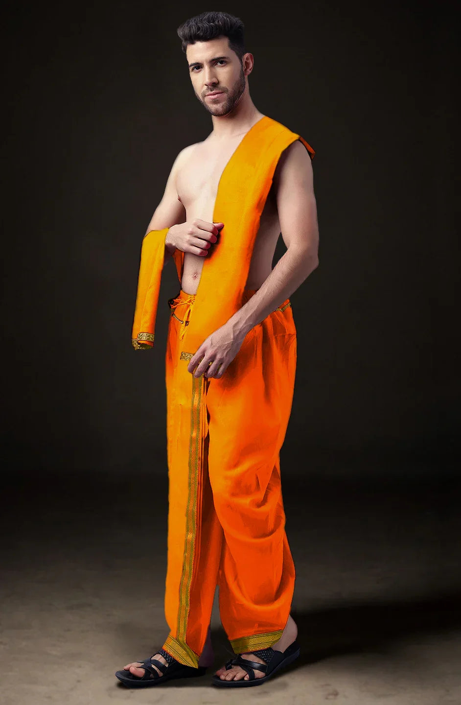 Ready-Made Dhoti with Dupatta for Men Phakkat – Light Orange Dhoti Fabric Texture & Border