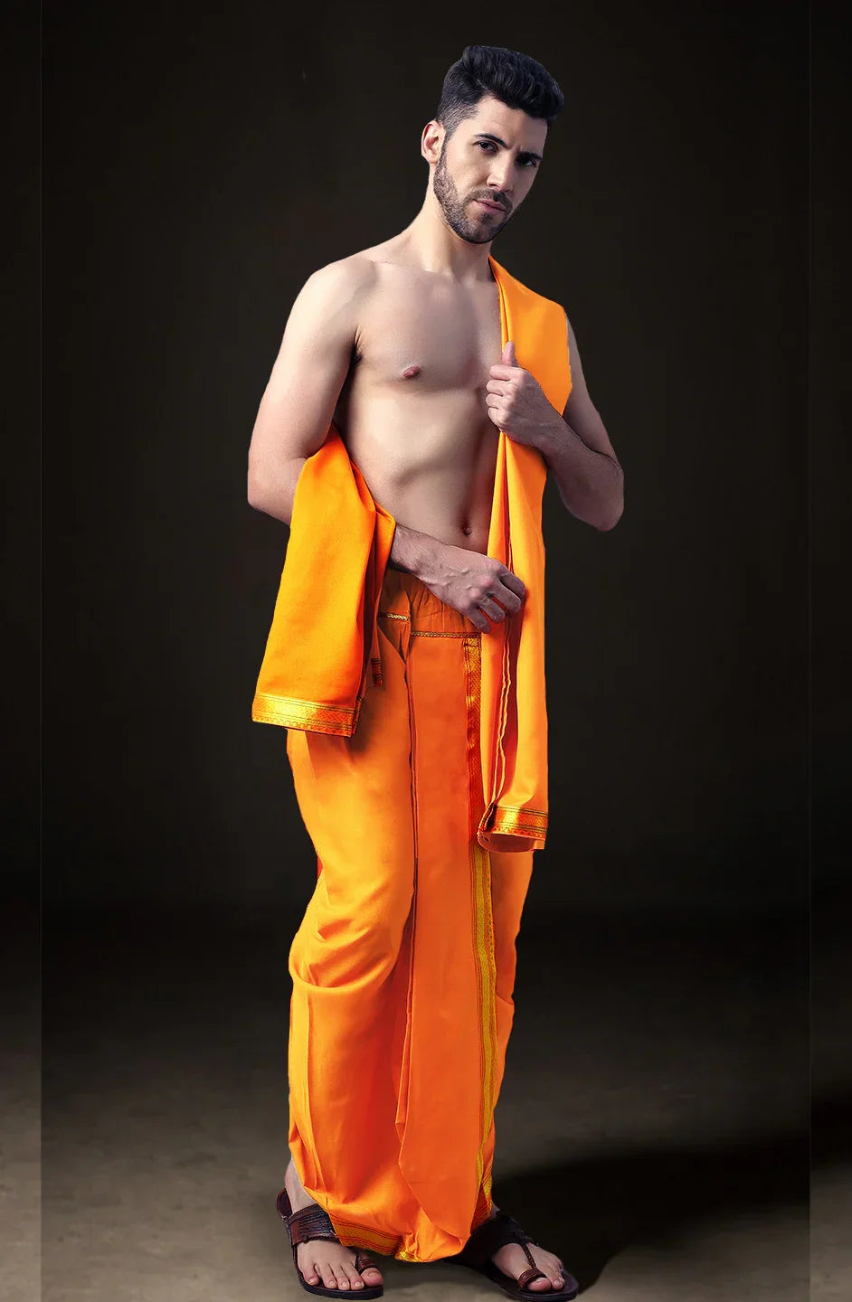 Ready-Made Dhoti with Dupatta for Men Phakkat – Light Orange Dhoti Festive & Cultural Look