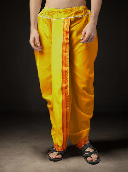 Readymade Art Silk Dhoti for Men Phakkat – Yellow Single Dhoti Front View