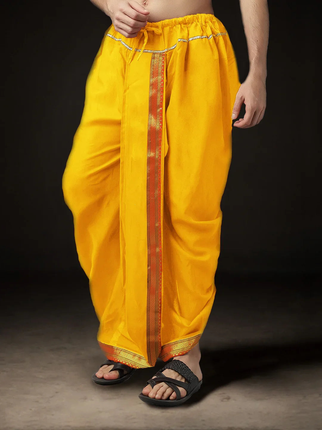 Readymade Art Silk Dhoti for Men Phakkat – Yellow Art Silk Fabric Texture & Border