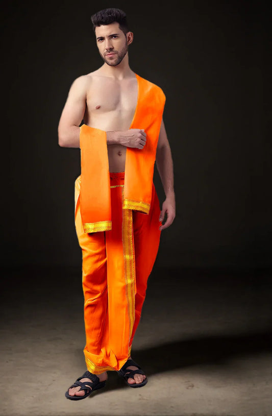 Ready-Made Dhoti with Dupatta for Men Phakkat – Dark Orange Dhoti Front View