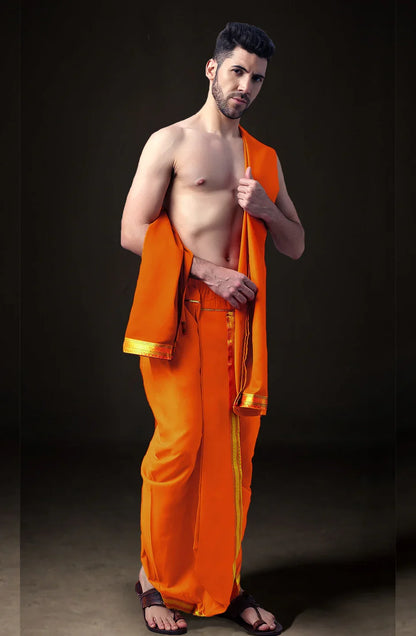 Ready-Made Dhoti with Dupatta for Men Phakkat – Dark Orange Dhoti Festive & Cultural Look