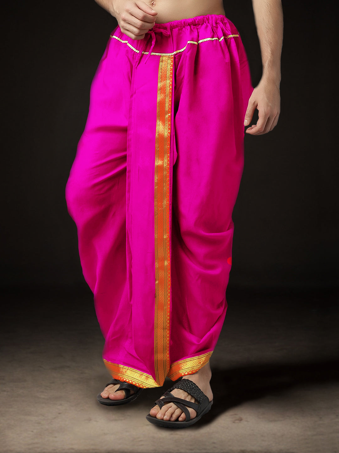 Ready-Made Dhoti for Men Pack of 2 Phakkat – Pink Dhoti Close-Up Border & Fabric Detail