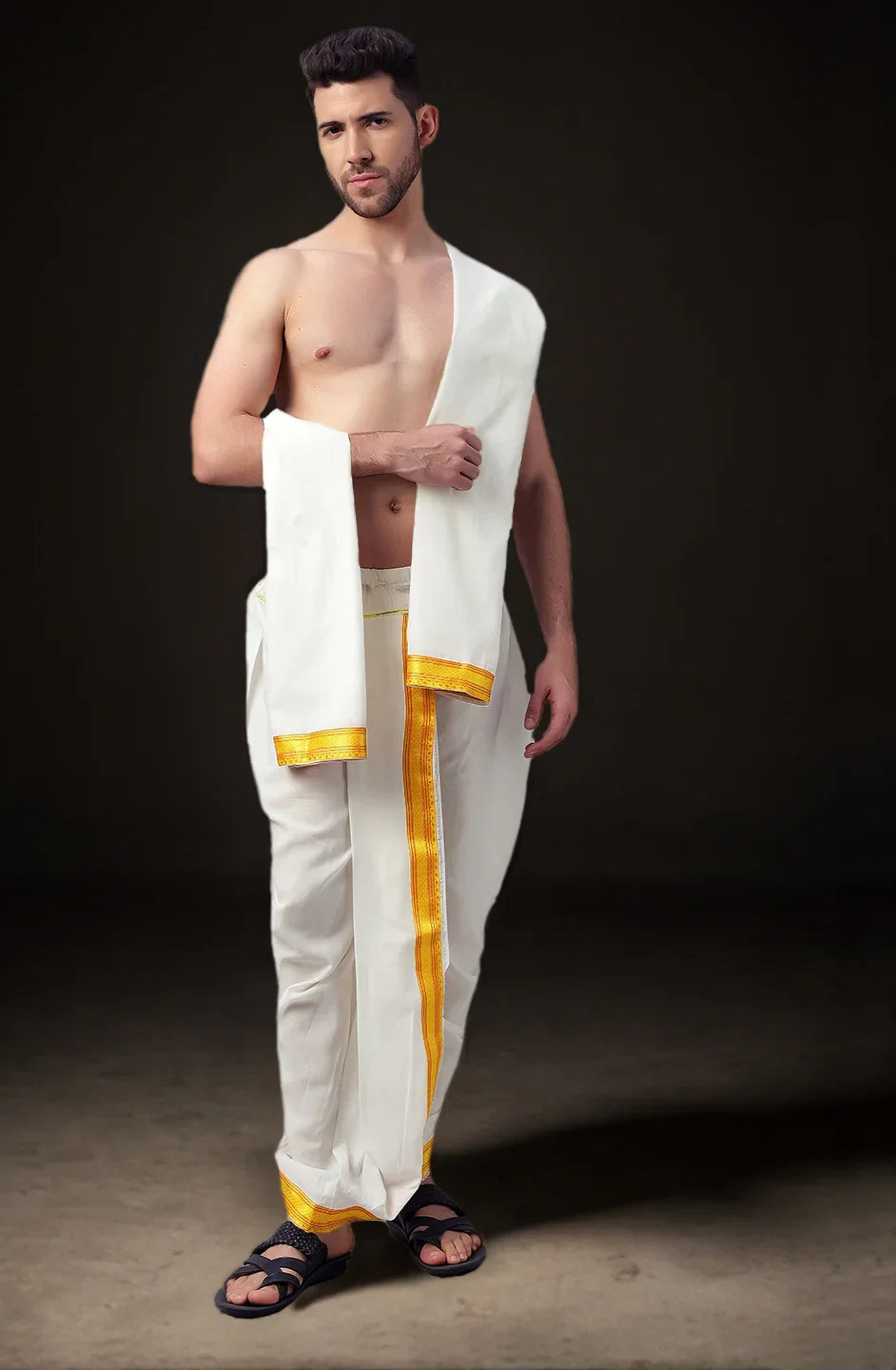 Ready-Made Dhoti with Dupatta for Men Phakkat – White Dhoti Front View