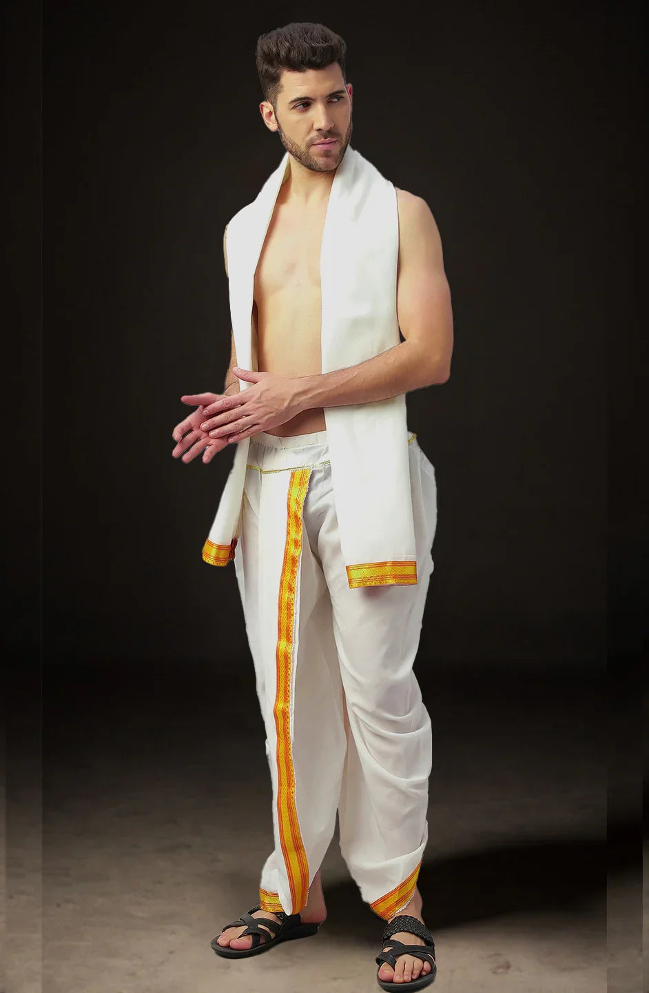 Ready-Made Dhoti with Dupatta for Men Phakkat – White Dhoti Fabric Texture & Border