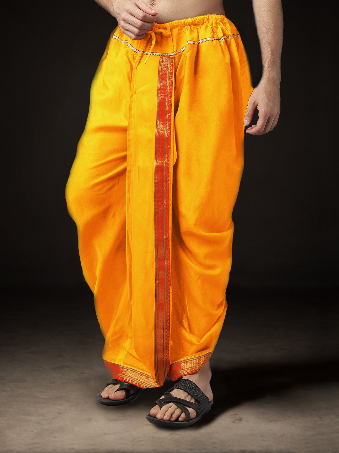 Ready-Made Dhoti for Men Pack of 2 Phakkat – Light Orange Dhoti Close-Up Border & Fabric Detail