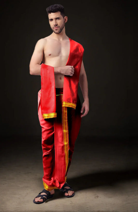 Ready-Made Dhoti with Dupatta for Men Phakkat – Red Dhoti Front View