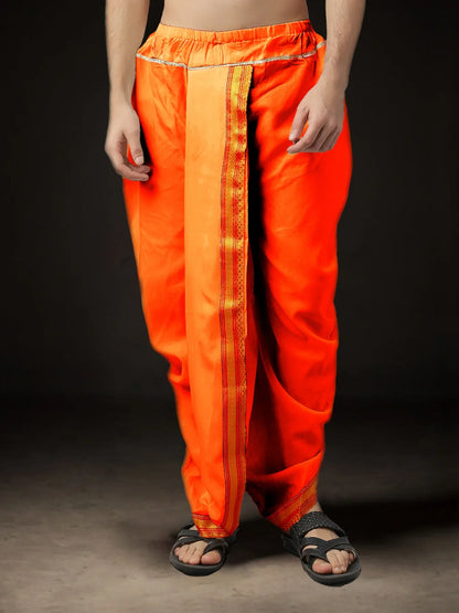 Readymade Art Silk Dhoti for Men Phakkat – Keshari Orange Single Dhoti Front View