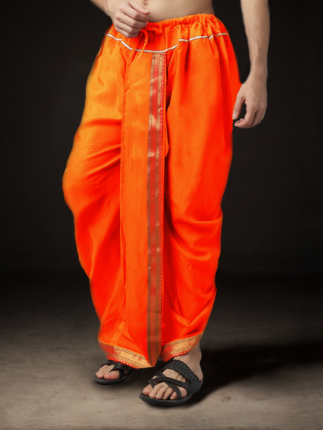 Ready-Made Dhoti for Men Pack of 2 Phakkat – Keshari Orange Dhoti Close-Up Border & Fabric Detail