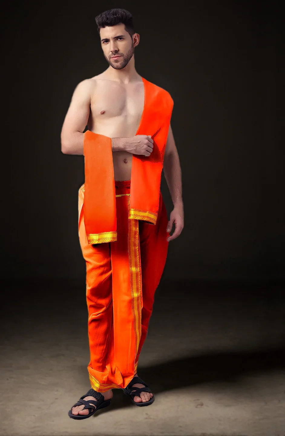 Ready-Made Dhoti with Dupatta for Men Phakkat – Keshari Orange Dhoti Front View