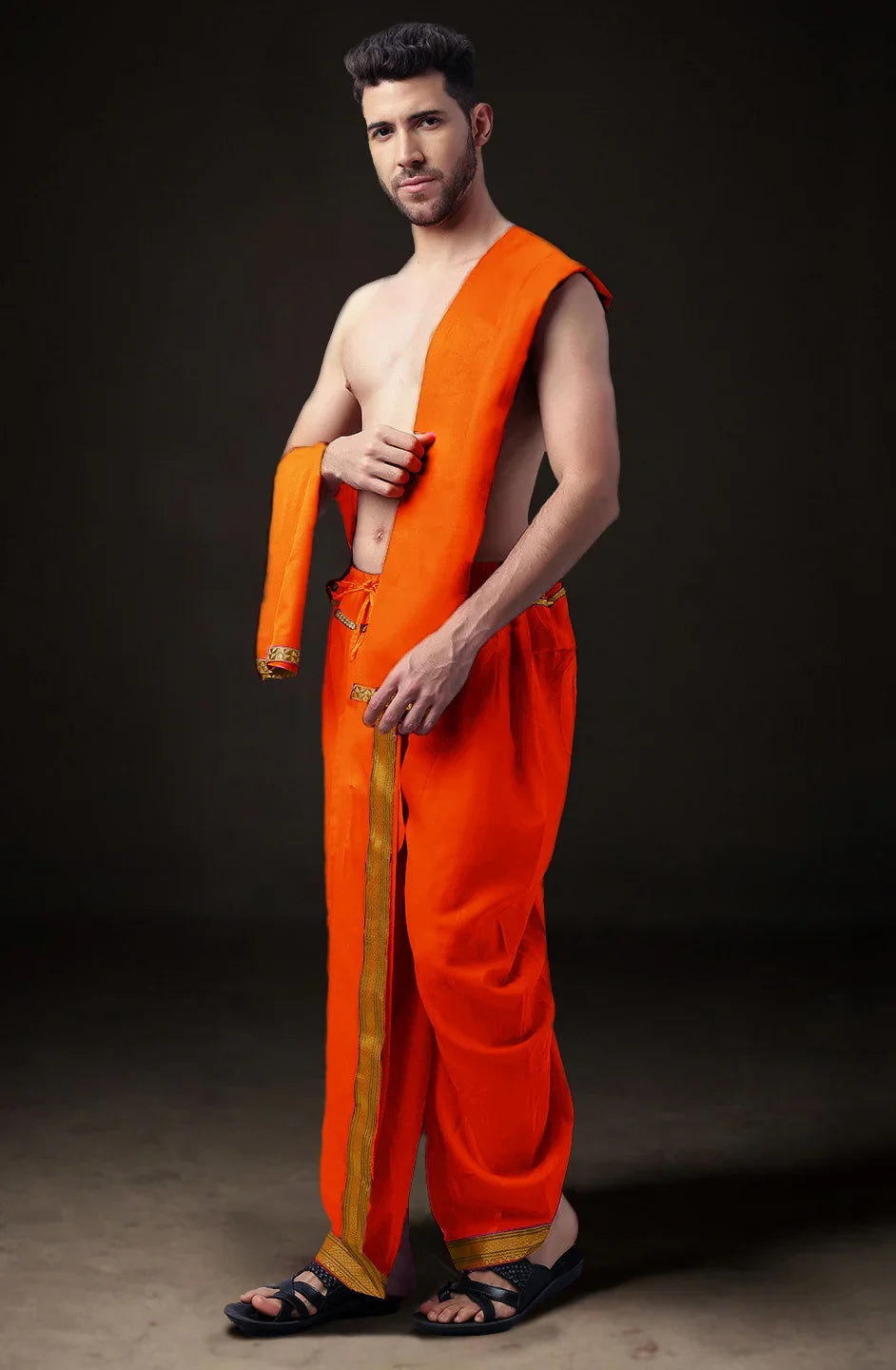 Ready-Made Dhoti with Dupatta for Men Phakkat – Keshari Orange Dhoti Fabric Texture & Border