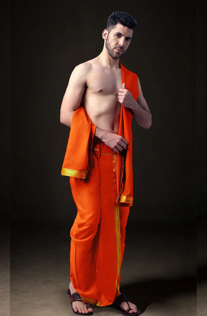 Ready-Made Dhoti with Dupatta for Men Phakkat – Keshari Orange Dhoti Festive & Cultural Look