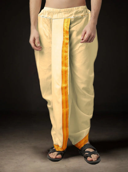 Readymade Art Silk Dhoti for Men Phakkat – Cream Single Dhoti Front View